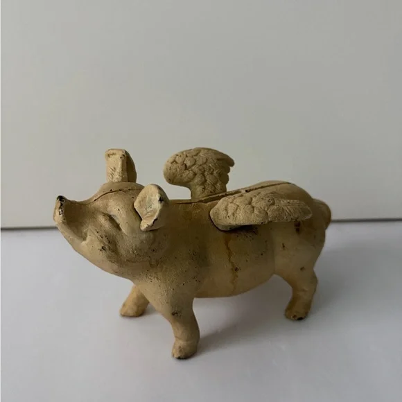 Vintage Piggy Bank Cast Iron Pig Wings Flying Rustic Farmhouse Coin Bank